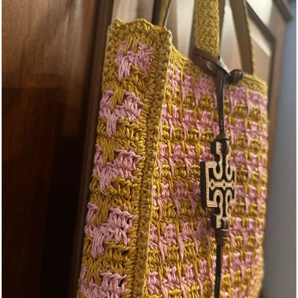 Tory Burch 165844 Straw Tote Pink Carnation Turmeric Raffia Bag NWT